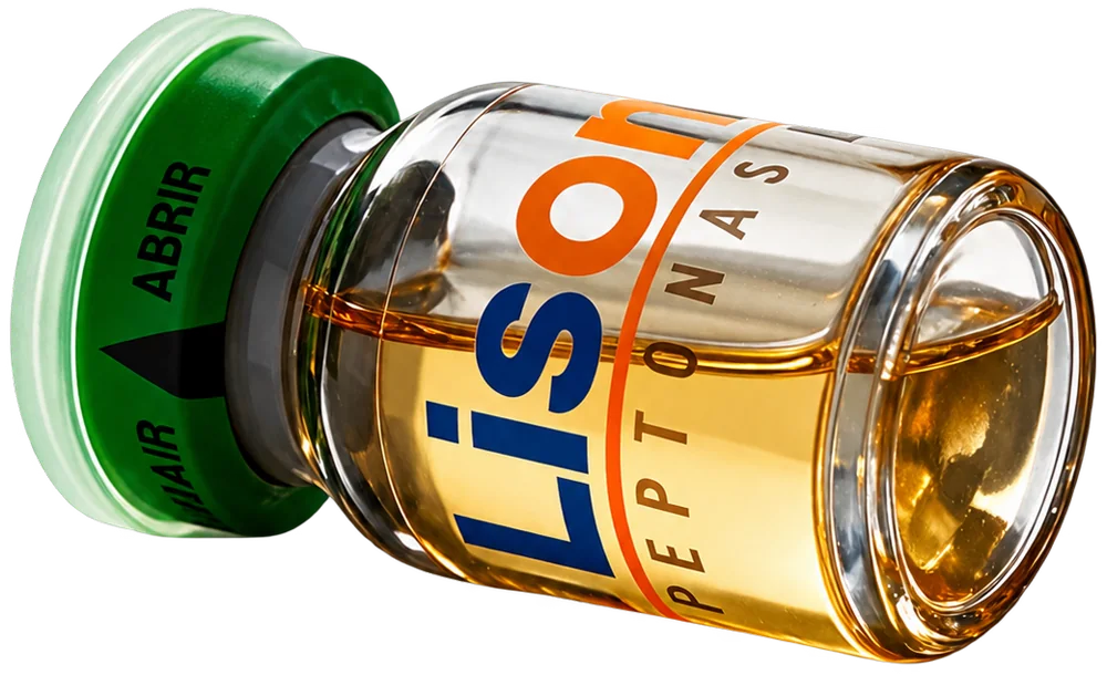 Frasco de Lisonas Peptonas visto de cerca, con la solución de peptonas en su interior.