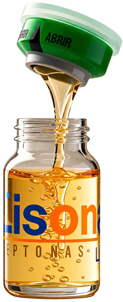 Frasco de Lisonas Peptonas vertiendo la solución de péptidos de bajo peso molecular.