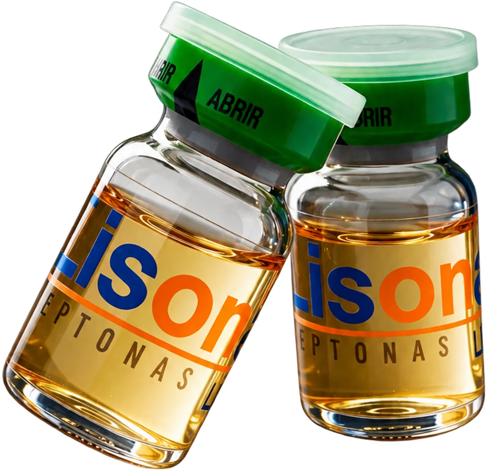 Dos frascos de Lisonas Peptonas con la solución de peptonas y su tapa de apertura.