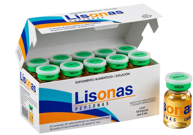 Caja de Lisonas Peptonas abierta con sus frascos.