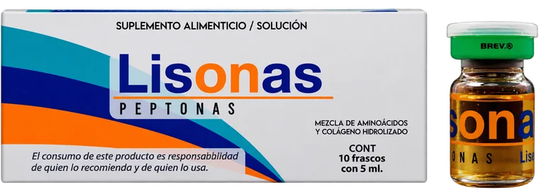 Caja y frasco de Lisonas Peptonas, suplemento alimenticio en solución.