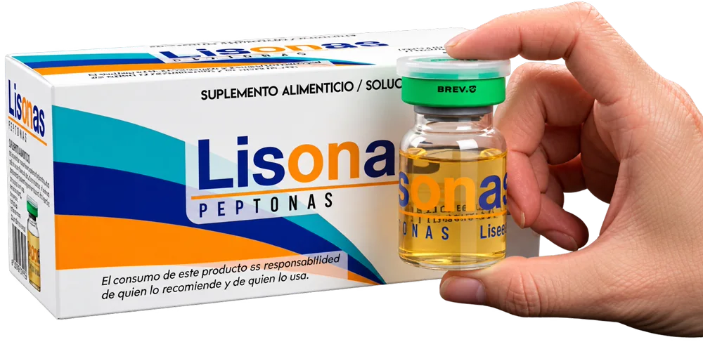 Presentación de Lisonas Peptonas: caja con 10 frascos y una mano sosteniendo un frasco de 7 ml.